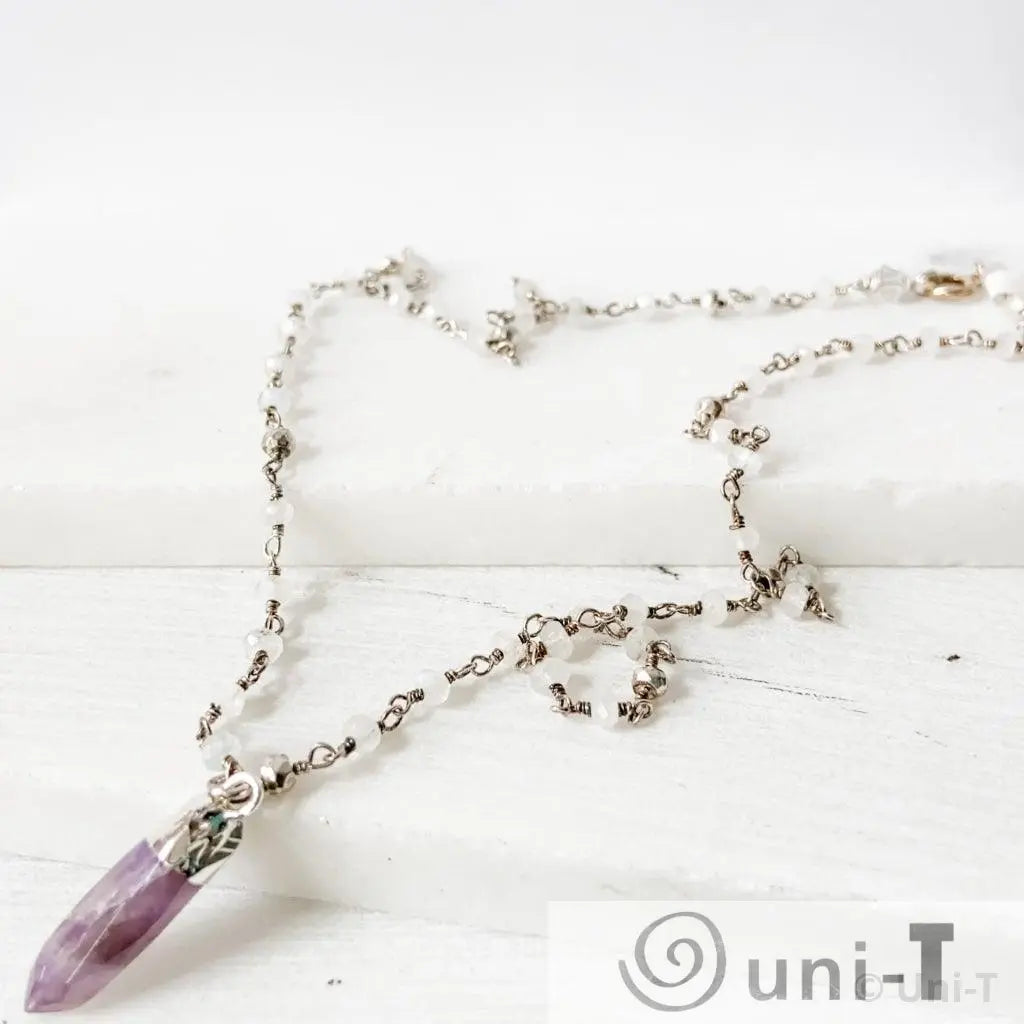Amethyst Point, Moonstone, Pyrite, Sterling Silver Necklace Regina McGearty