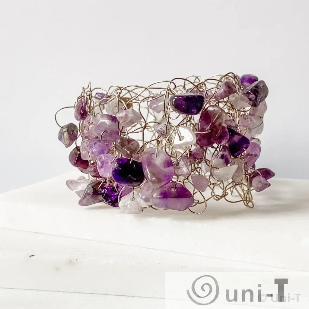 Amethyst chips wire crochet sterling silver cuff bracelet Sandrine Colson