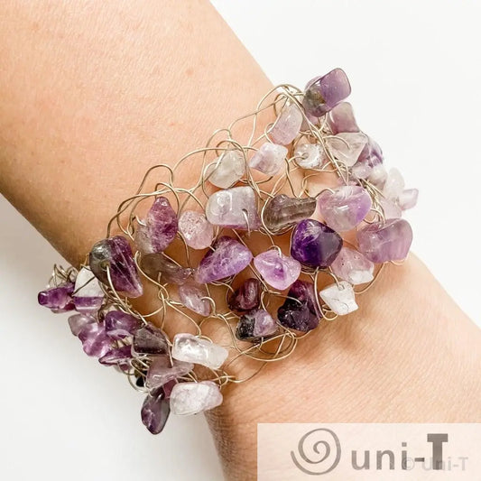 Amethyst chips wire crochet sterling silver cuff bracelet Sandrine Colson