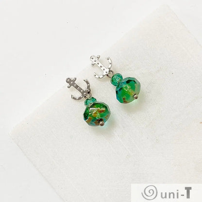 Anchor Rhodium Plated Earrings with Glass Beads and Surgical Steel Ear Wire Kathy James