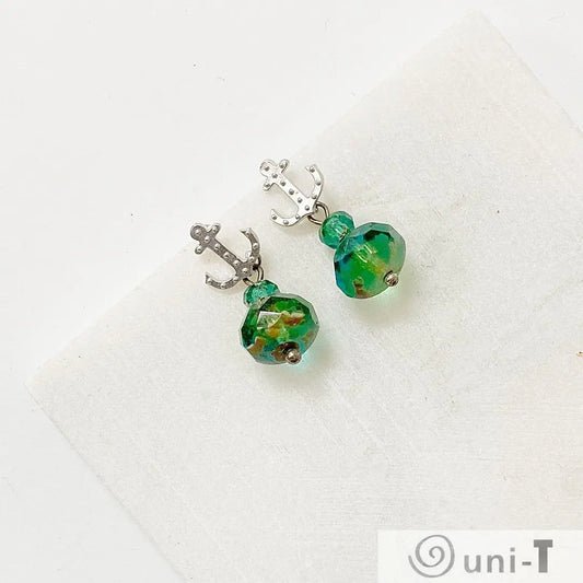 Anchor Rhodium Plated Earrings with Glass Beads and Surgical Steel Ear Wire Kathy James