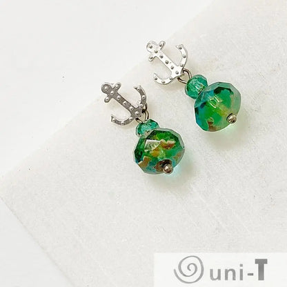 Anchor Rhodium Plated Earrings with Glass Beads and Surgical Steel Ear Wire Kathy James