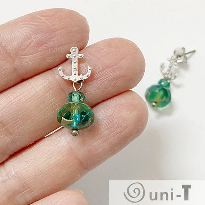 Anchor Rhodium Plated Earrings with Glass Beads and Surgical Steel Ear Wire Kathy James