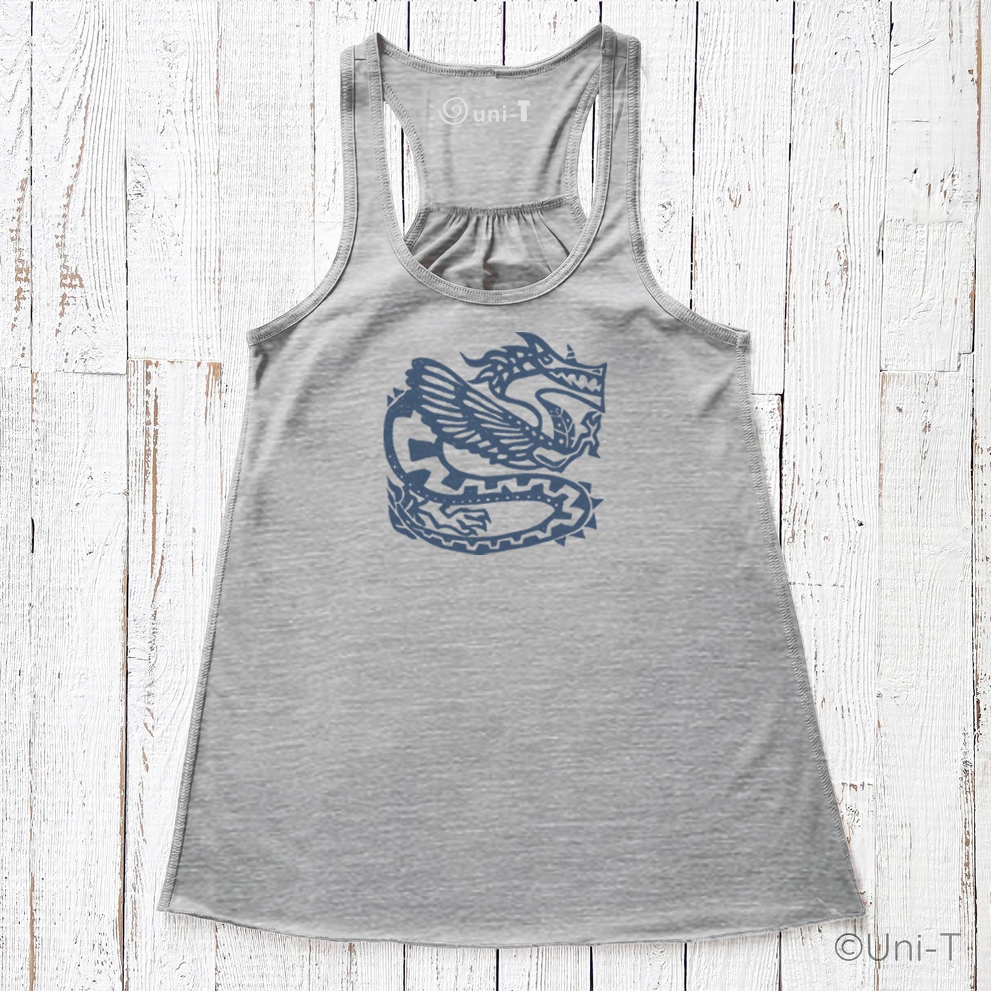 Heather gray dragon tank top for women with navy mythical dragon print, combining ancient power and eco-friendly comfort.