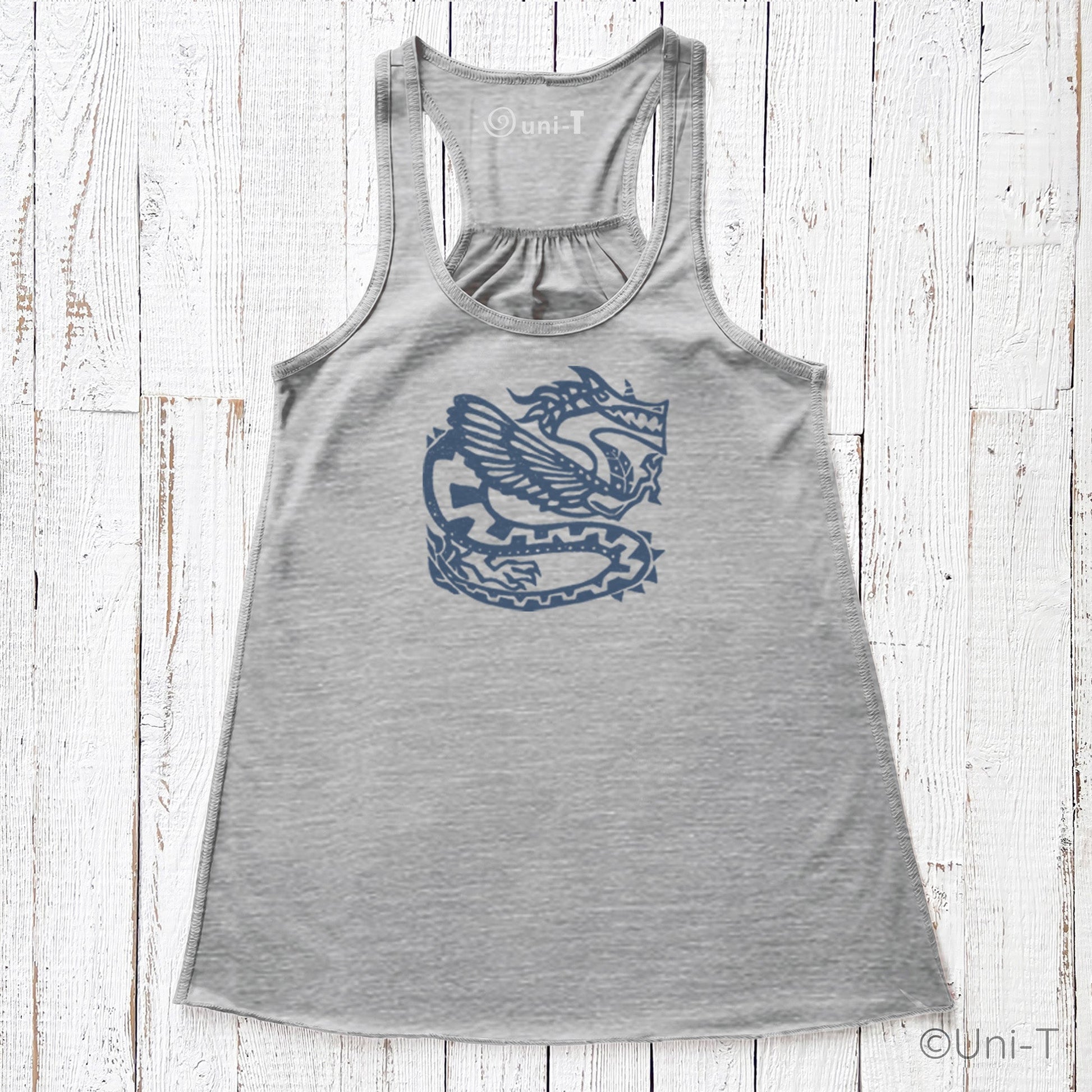 Heather gray dragon tank top for women with navy mythical dragon print, combining ancient power and eco-friendly comfort.