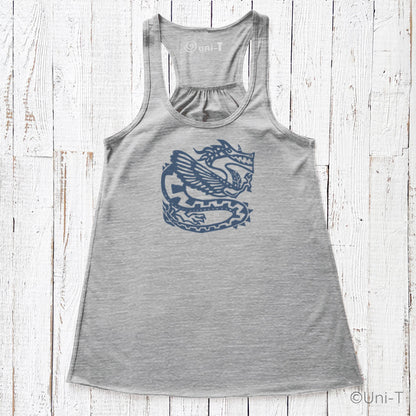 Heather gray dragon tank top for women with navy mythical dragon print, combining ancient power and eco-friendly comfort.