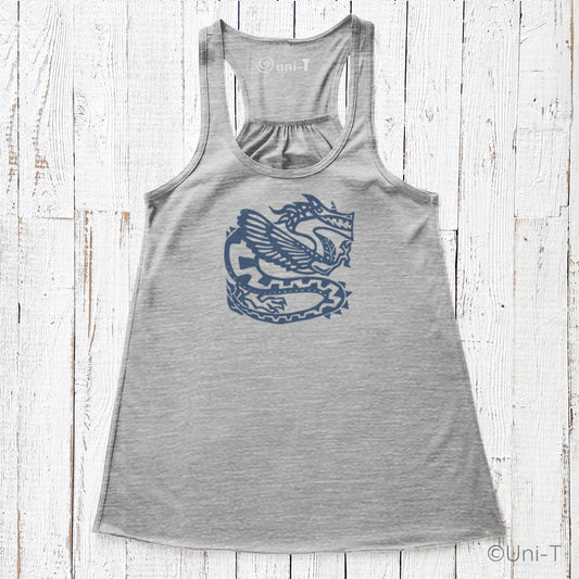 Heather gray dragon tank top for women with navy mythical dragon print, combining ancient power and eco-friendly comfort.