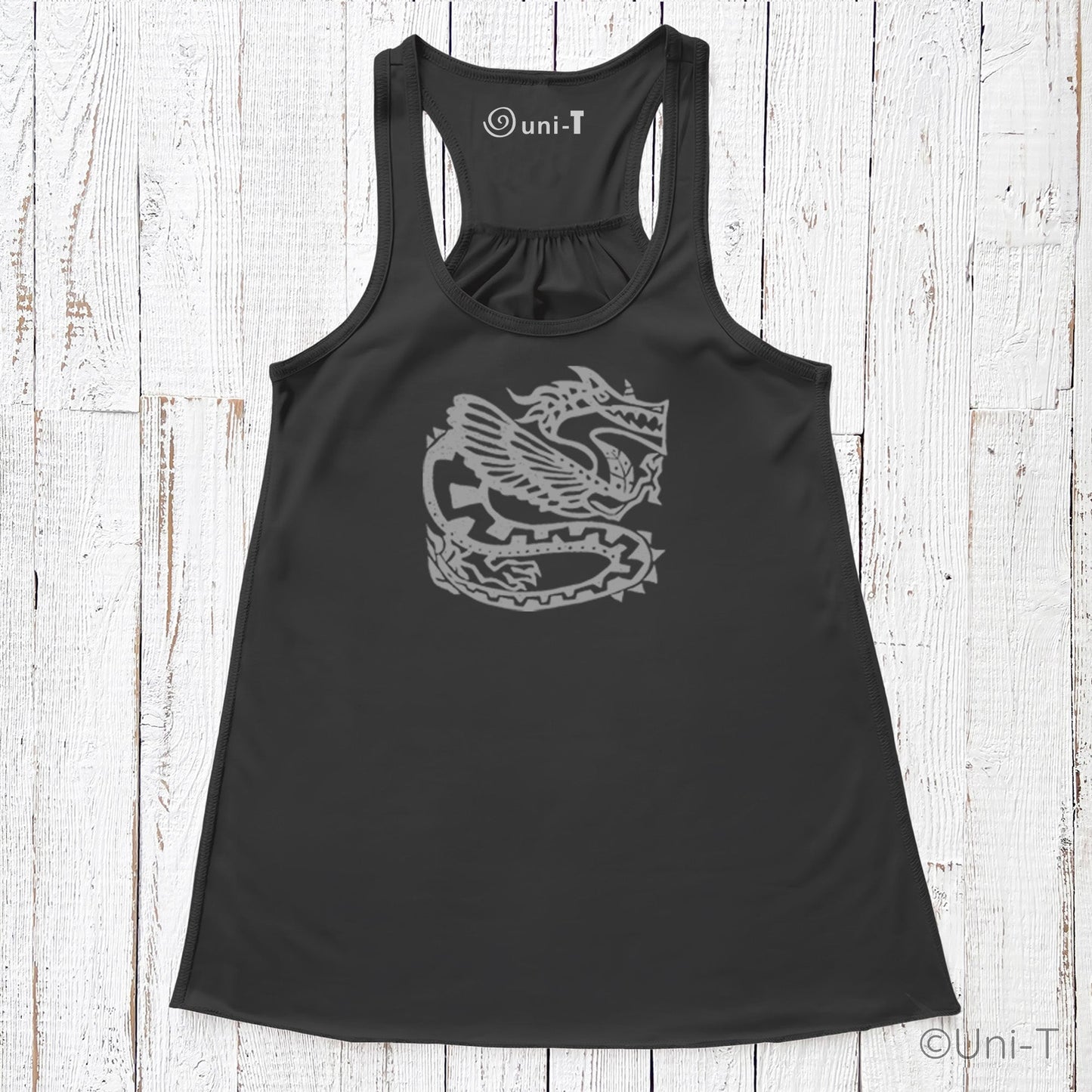 Black racerback dragon tank top for women showcasing a sleek silver dragon graphic, ideal for strength and mythology-inspired fashion.