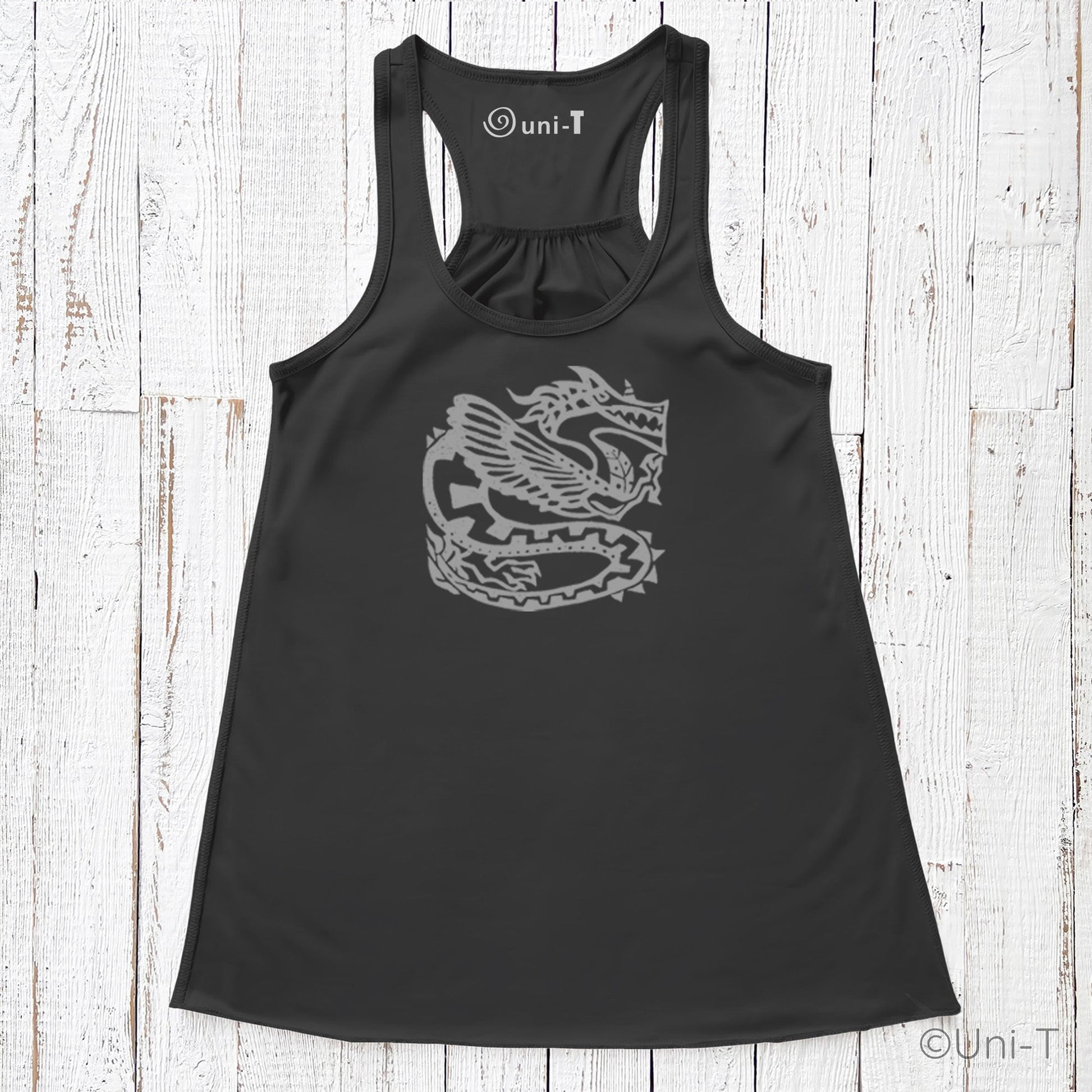 Black racerback dragon tank top for women showcasing a sleek silver dragon graphic, ideal for strength and mythology-inspired fashion.