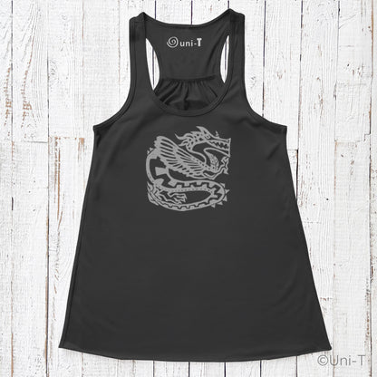 Black racerback dragon tank top for women showcasing a sleek silver dragon graphic, ideal for strength and mythology-inspired fashion.