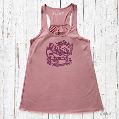 Dusty rose women's tank top with a purple dragon design, blending mythical elegance and sustainable apparel style.
