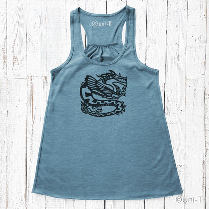 Teal blue dragon tank top for women featuring a black mythical dragon print, perfect for expressing ancient wisdom and comfort.
