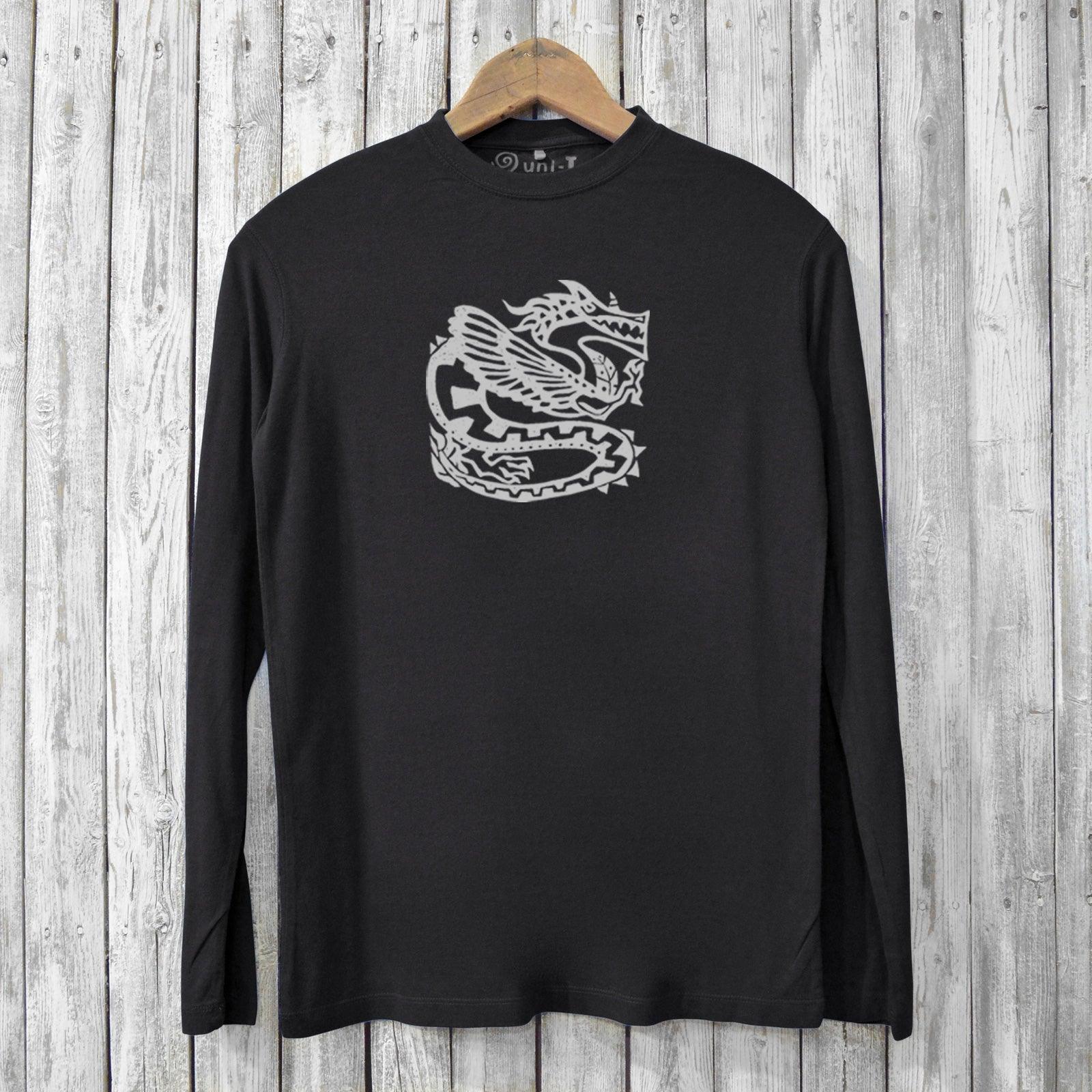 Black Ancient Dragon Long Sleeve Bamboo T-Shirt for Men featuring a bold tribal dragon graphic, made from eco-friendly bamboo and organic cotton.