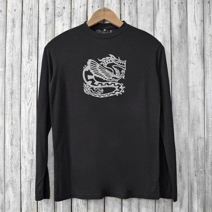 Black Ancient Dragon Long Sleeve Bamboo T-Shirt for Men featuring a bold tribal dragon graphic, made from eco-friendly bamboo and organic cotton.