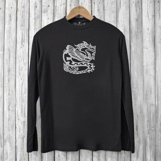 Black Ancient Dragon Long Sleeve Bamboo T-Shirt for Men featuring a bold tribal dragon graphic, made from eco-friendly bamboo and organic cotton.
