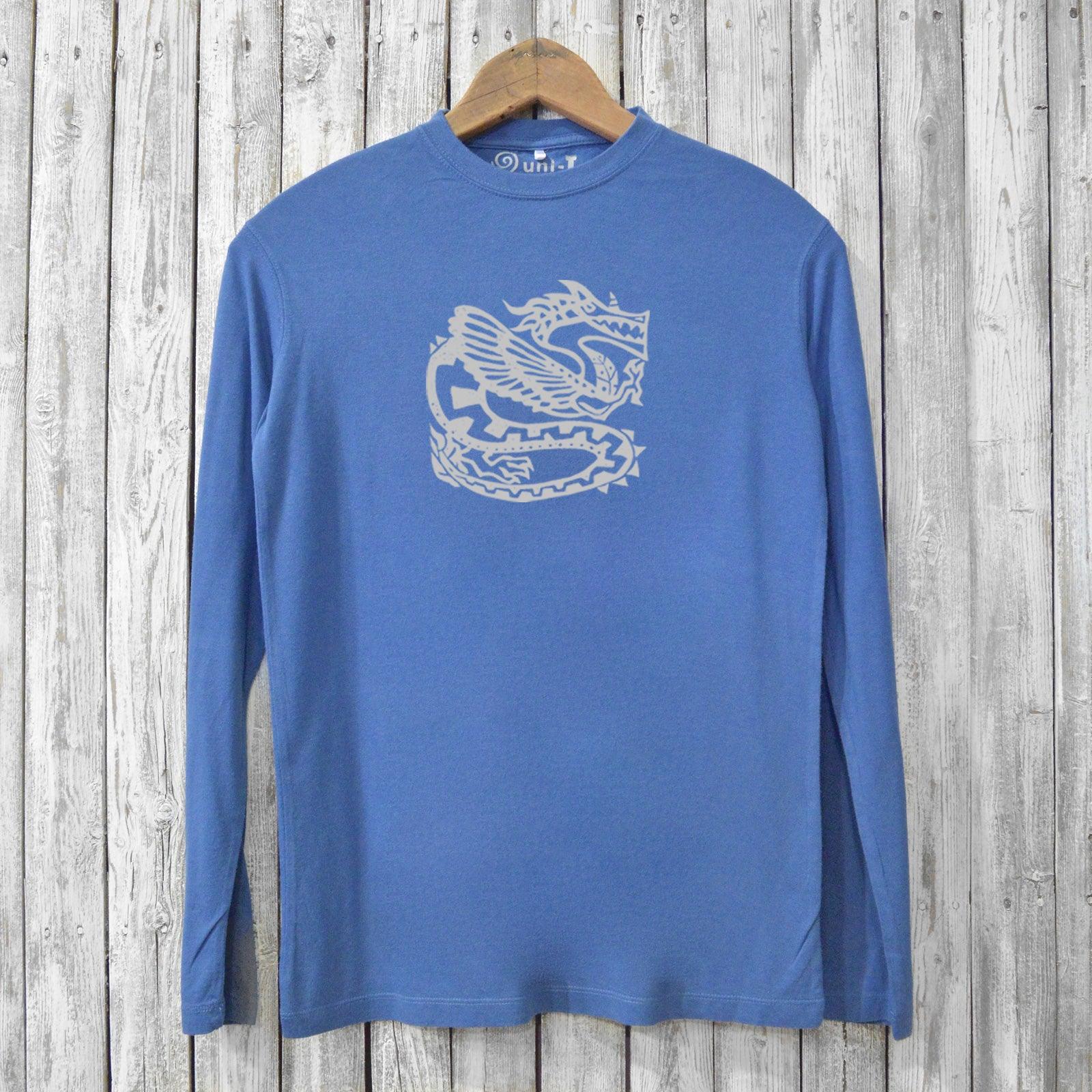 Blue Ancient Dragon Long Sleeve Bamboo T-Shirt for Men with a fantasy-inspired dragon design, crafted from sustainable bamboo and organic cotton.