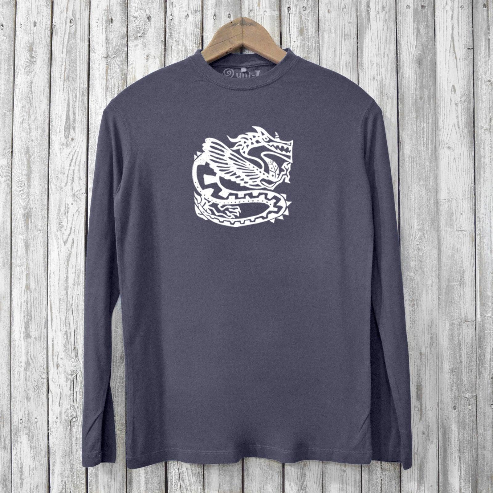Charcoal Ancient Dragon Long Sleeve Bamboo T-Shirt for Men showcasing a white dragon print, made with breathable bamboo and organic cotton fabric.