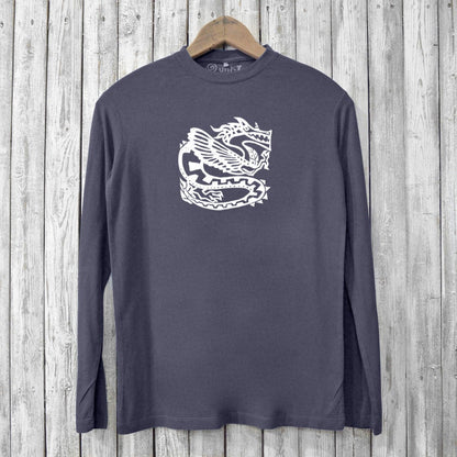 Charcoal Ancient Dragon Long Sleeve Bamboo T-Shirt for Men showcasing a white dragon print, made with breathable bamboo and organic cotton fabric.