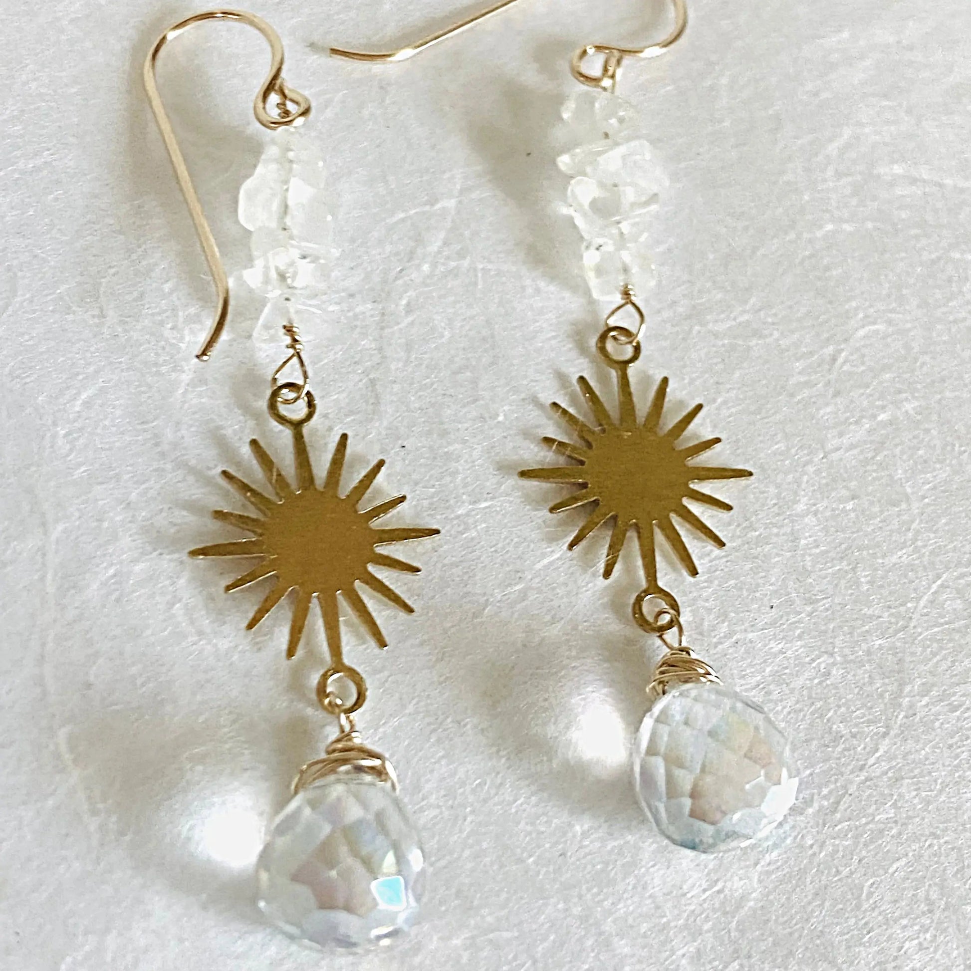 Angel Aura Quartz and Moonstone earrings with faceted drops, rough-cut stones, and gold-filled hooks. Elegant celestial-inspired gemstone jewelry.