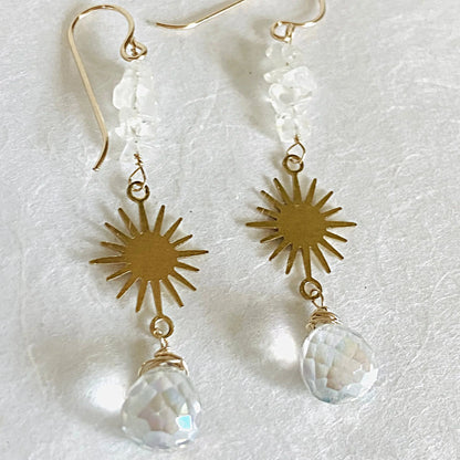 Angel Aura Quartz and Moonstone earrings with faceted drops, rough-cut stones, and gold-filled hooks. Elegant celestial-inspired gemstone jewelry.