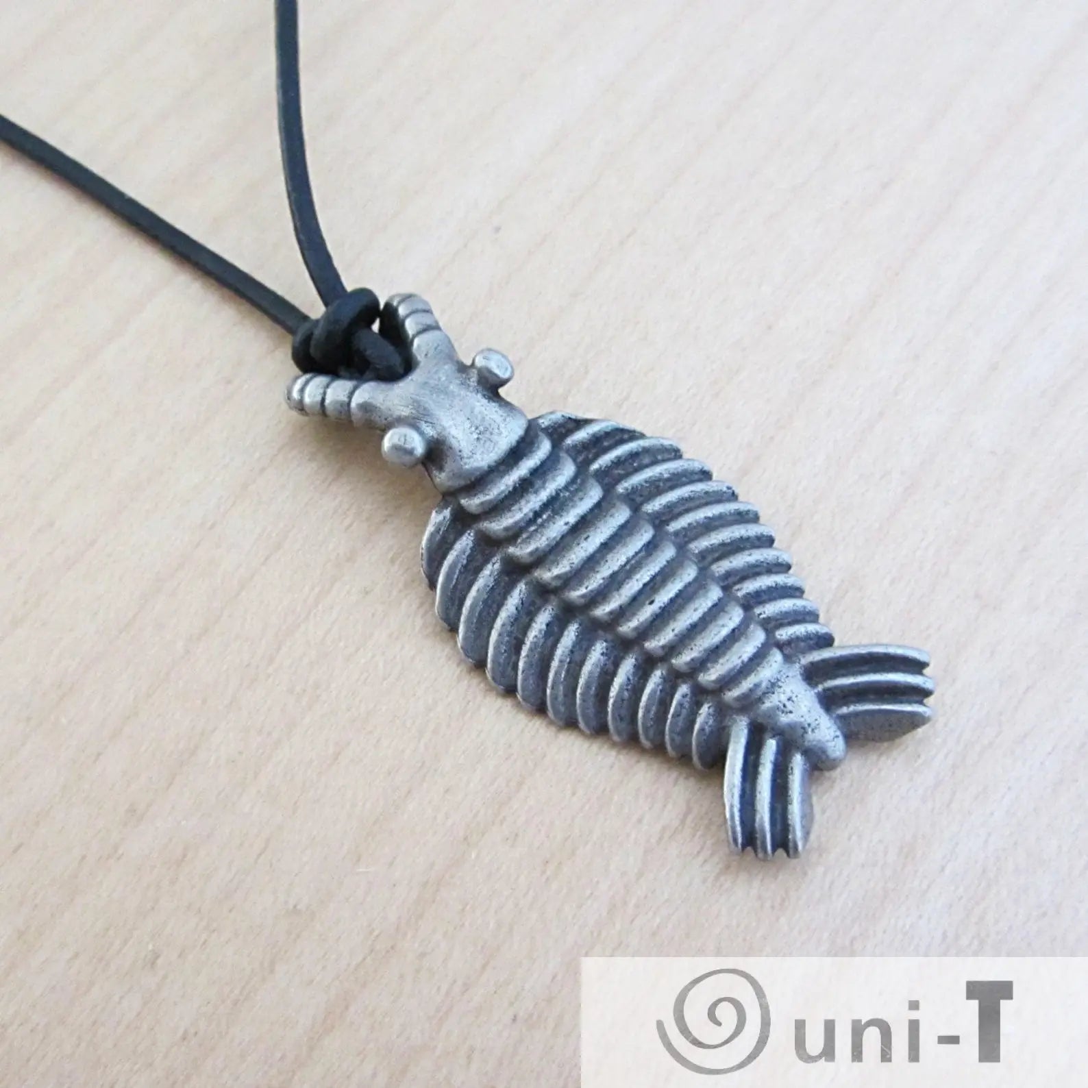 Anomalocaris Necklace Jewelry featuring a metallic sea creature pendant on a black cord, inspired by Cambrian ocean life for marine enthusiasts.