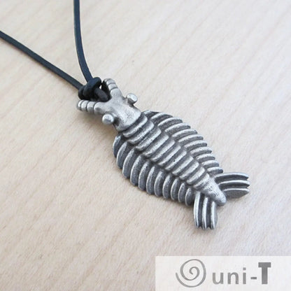 Angled shot of Anomalocaris Necklace Jewelry highlighting the textured body and lifelike design of the ancient sea predator pendant.