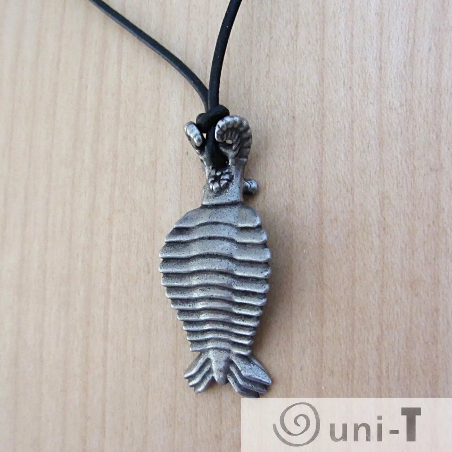 Back view of Anomalocaris Necklace Jewelry showing the sculpted ribbed texture of the pendant, crafted for sea life lovers and fossil fans.