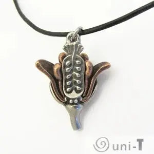 Arabidopsis Flower Necklace - Elegant Garden Charm featuring a detailed metallic flower pendant with bronze and silver tones on a black cord.