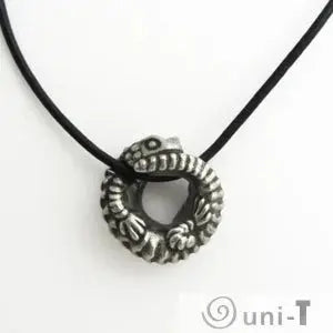 Armadillo Lizard Necklace featuring a coiled reptile pendant on a black cord. Unique jewelry inspired by desert reptile defense design.