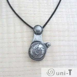 Vertical view of Articulating Tides Necklace showing rotating celestial elements. Unique gift for ocean lovers and space-inspired jewelry fans.