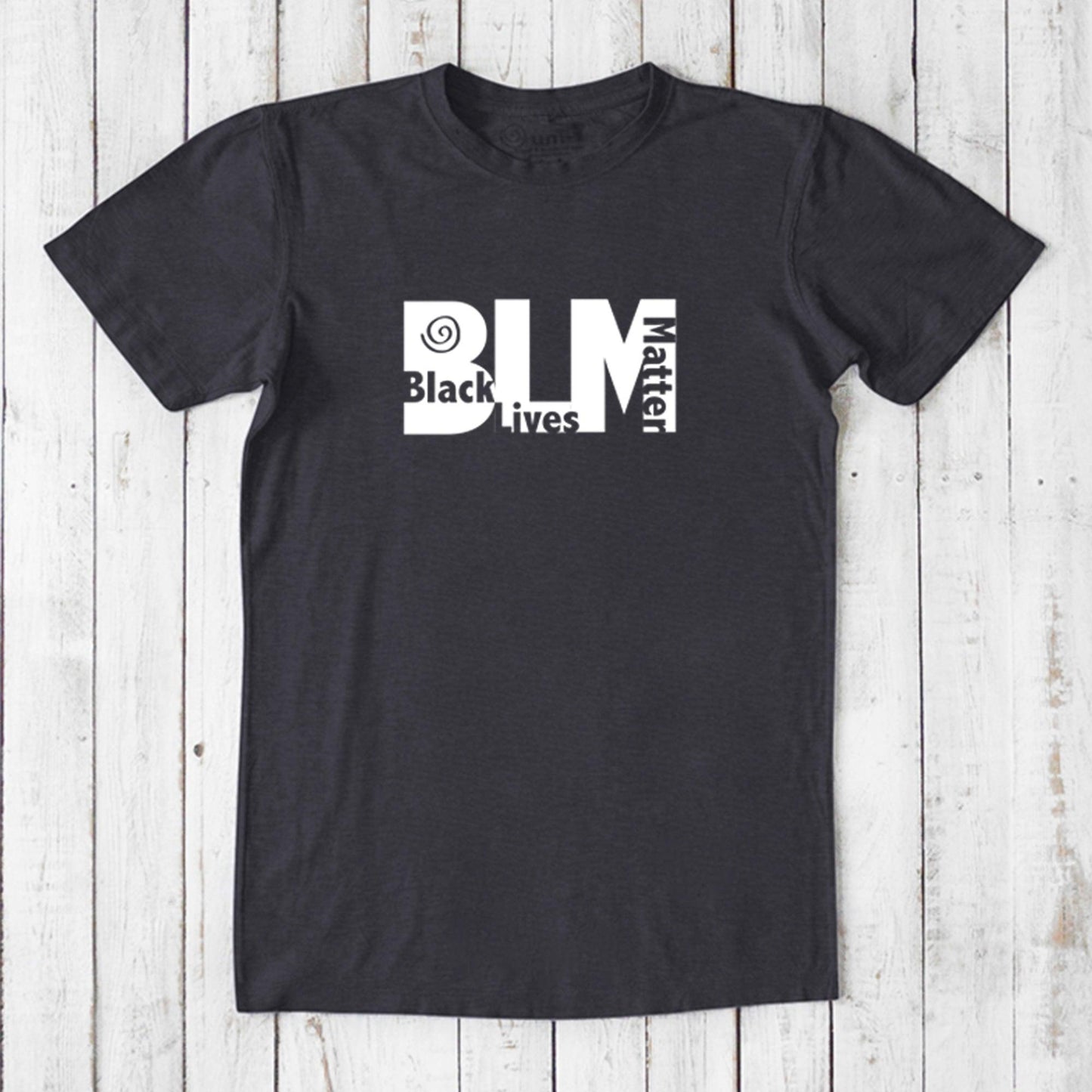 Men's Black Lives Matter T-Shirt in black bamboo & organic cotton with bold white BLM graphic. Eco-friendly statement tee for social justice allies.