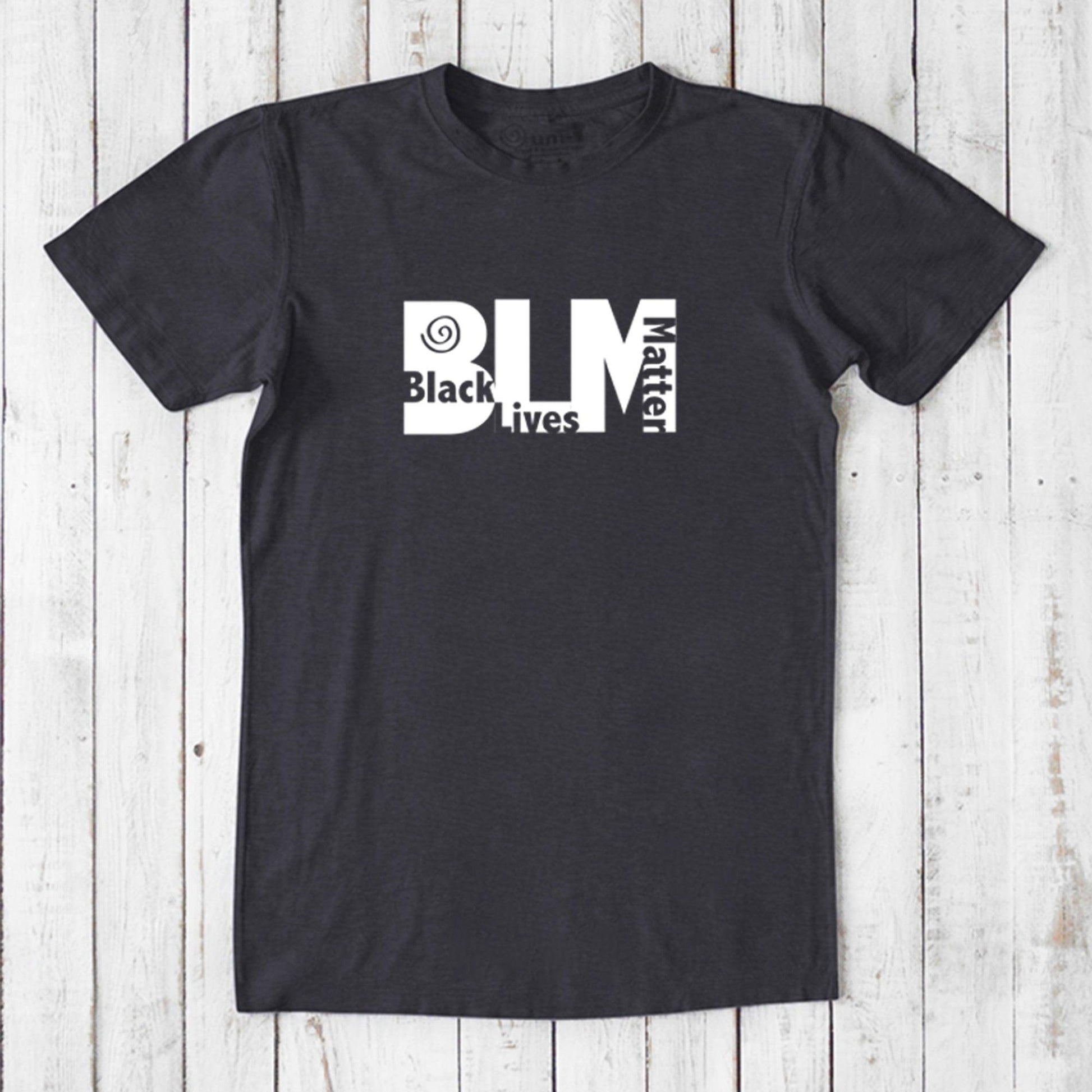 Men's Black Lives Matter T-Shirt in black bamboo & organic cotton with bold white BLM graphic. Eco-friendly statement tee for social justice allies.