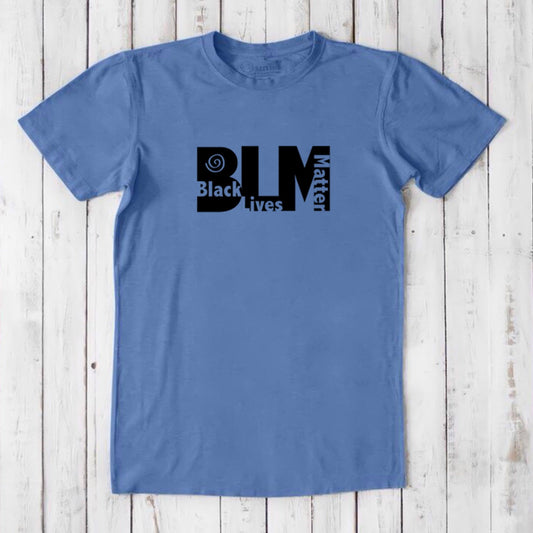 Men's BLM T-Shirt in blue bamboo & organic cotton featuring black Black Lives Matter graphic. Sustainable and empowering apparel for equality.
