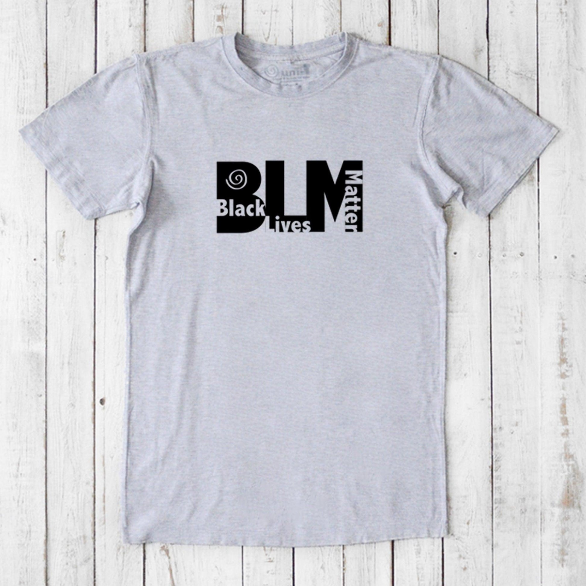Men's grey Black Lives Matter T-Shirt made from bamboo & organic cotton with black BLM design. Ethical fashion supporting social justice.