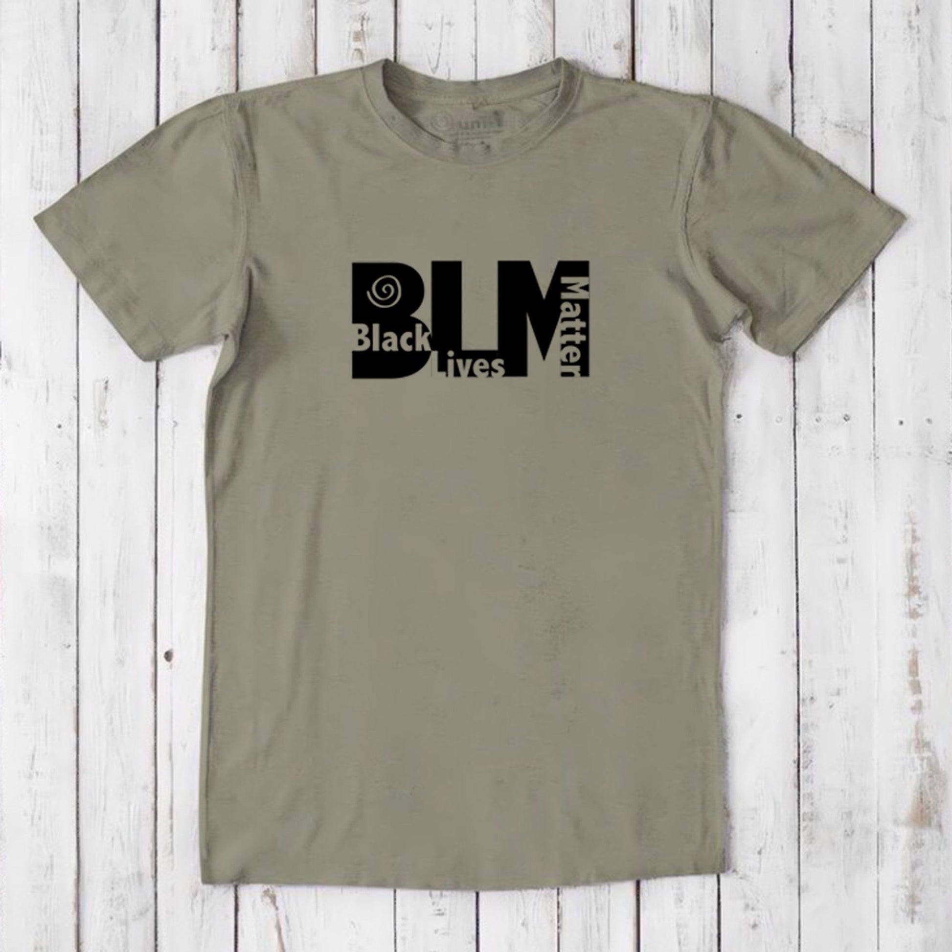 Men's olive green BLM T-Shirt in bamboo & organic cotton with black Black Lives Matter graphic. Conscious clothing for equality advocates.