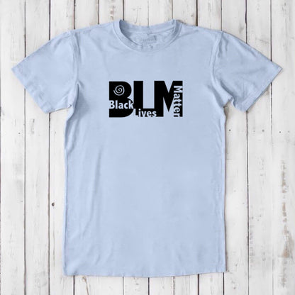 Light blue men's Black Lives Matter T-Shirt in bamboo & organic cotton with black BLM print. Soft, sustainable tee for social justice support.