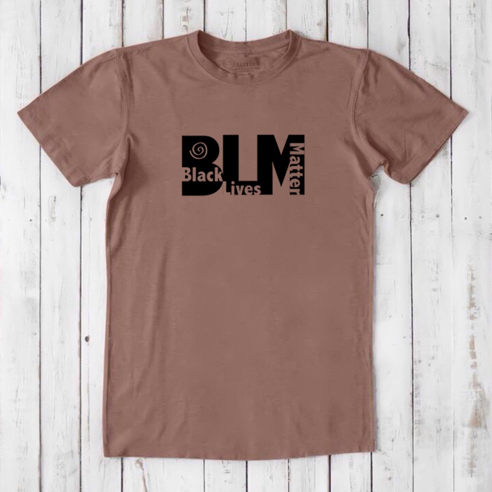 Men's brown BLM T-Shirt crafted from bamboo & organic cotton with bold black Black Lives Matter graphic. Ethical gift for allies and activists.