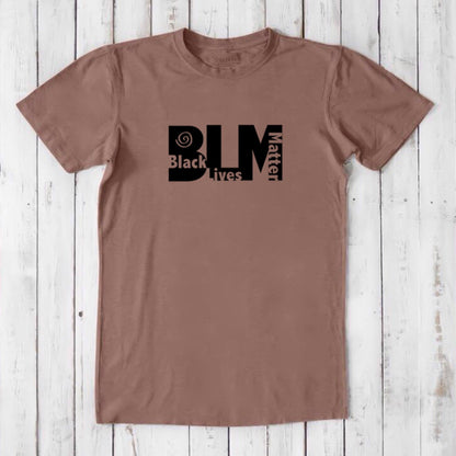 Men's brown BLM T-Shirt crafted from bamboo & organic cotton with bold black Black Lives Matter graphic. Ethical gift for allies and activists.