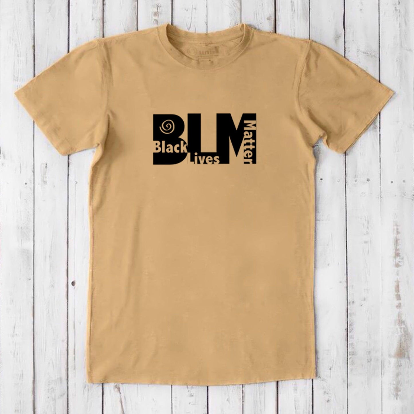 Tan men's Black Lives Matter T-Shirt in bamboo & organic cotton with black BLM design. Eco-conscious statement tee for equality and justice.
