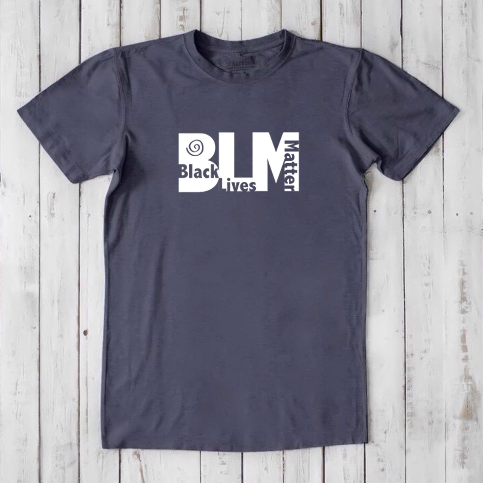 Charcoal men's Black Lives Matter T-Shirt in bamboo & organic cotton with white BLM print. Comfortable and impactful tee for equality allies.