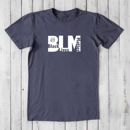 Charcoal men's Black Lives Matter T-Shirt in bamboo & organic cotton with white BLM print. Comfortable and impactful tee for equality allies.
