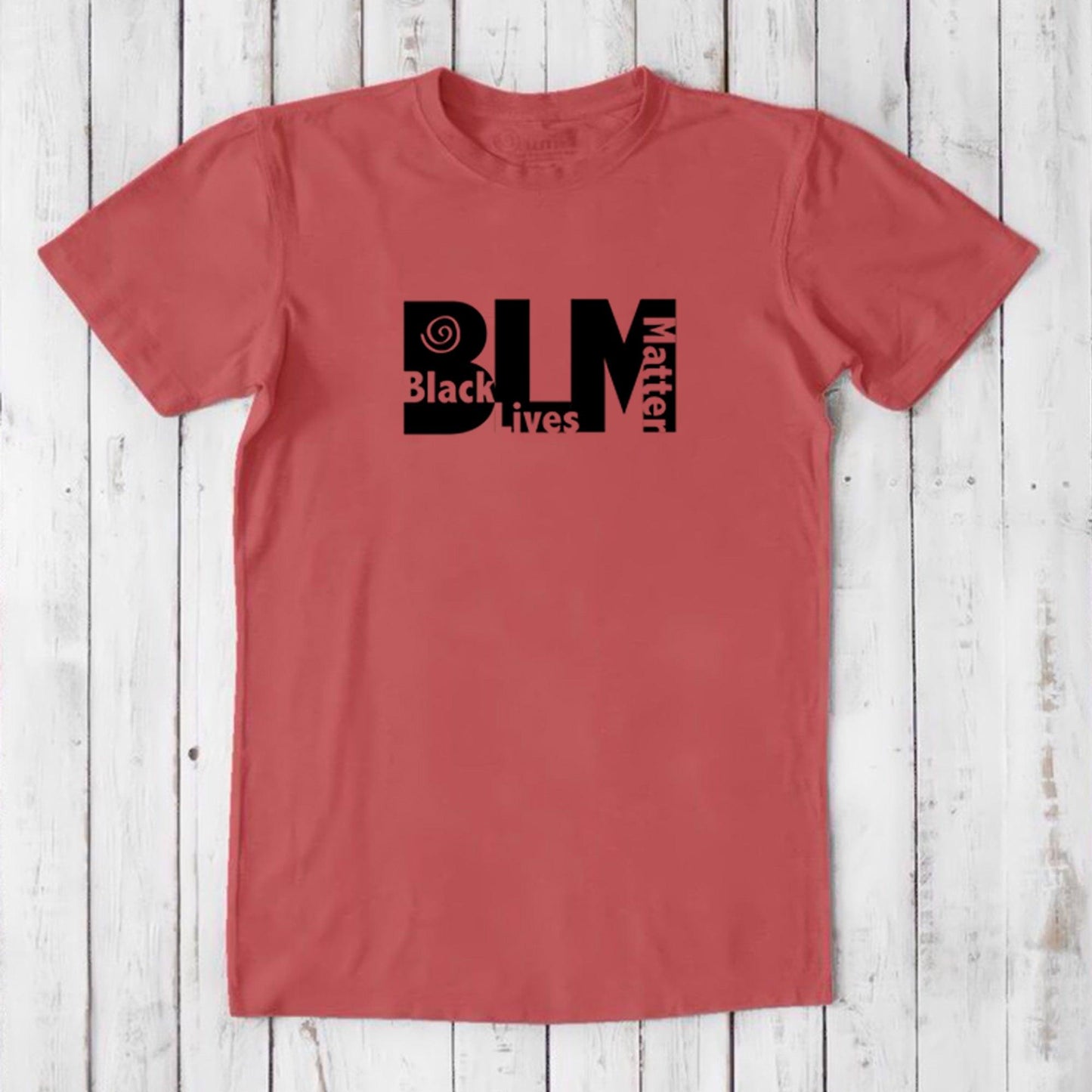 Men's coral red BLM T-Shirt in bamboo & organic cotton with black Black Lives Matter design. Soft, sustainable tee for justice and unity.