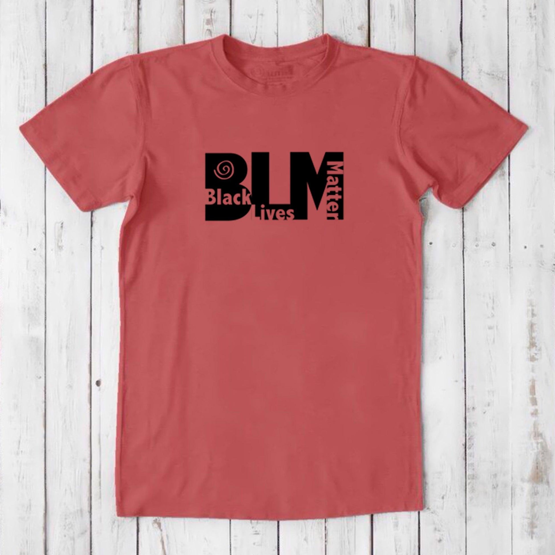 Men's coral red BLM T-Shirt in bamboo & organic cotton with black Black Lives Matter design. Soft, sustainable tee for justice and unity.