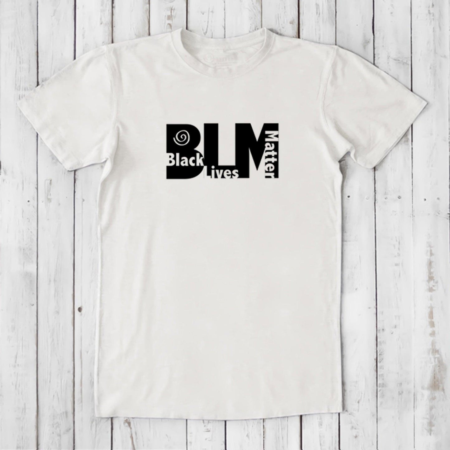 White men's BLM T-Shirt in bamboo & organic cotton with bold black Black Lives Matter design. Eco-friendly statement wear for justice.