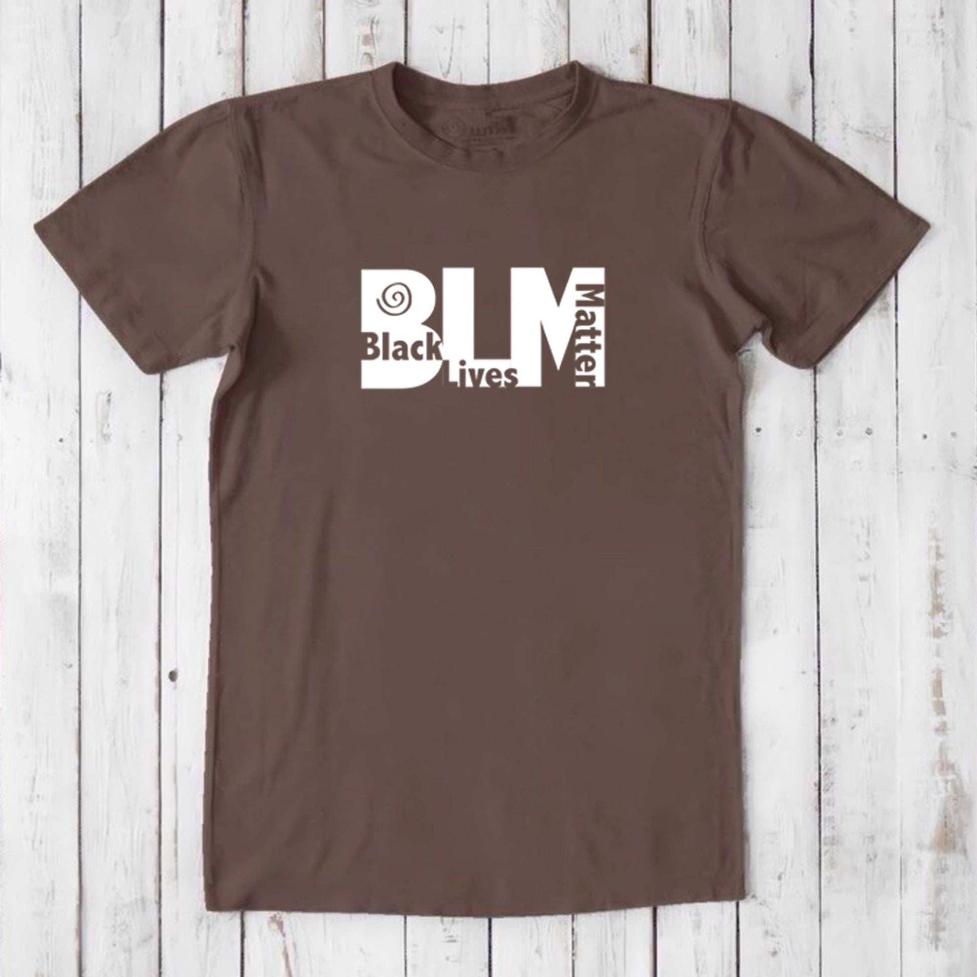 Men's brown Black Lives Matter T-Shirt in bamboo & organic cotton with white BLM graphic. Sustainable and bold tee for equality advocates.