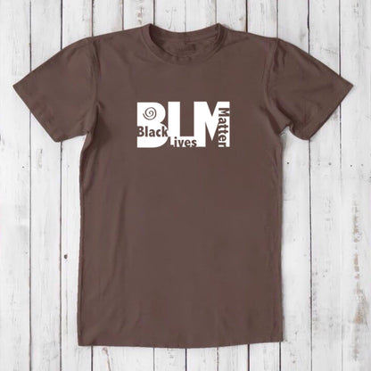 Men's brown Black Lives Matter T-Shirt in bamboo & organic cotton with white BLM graphic. Sustainable and bold tee for equality advocates.