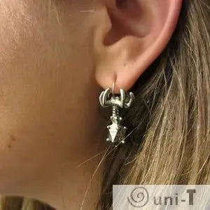 Bacteriophage Earrings - Unique Design | Wearable Biology shown worn on ear, featuring a detailed silver-tone virus-inspired structure.
