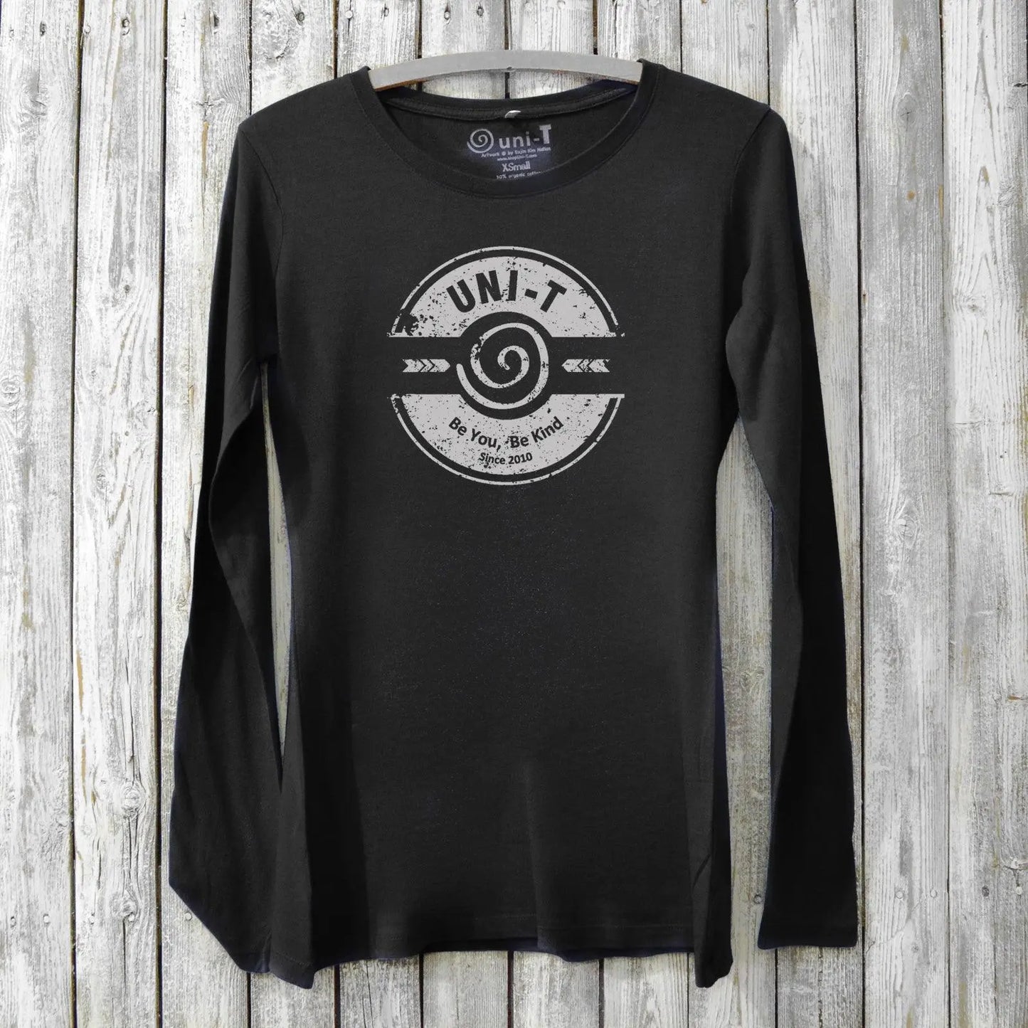 Women's Kindness Long Sleeve T-Shirt in black bamboo and organic cotton with 'Be You, Be Kind' graphic by Uni-T. Eco-friendly inspirational gift tee.