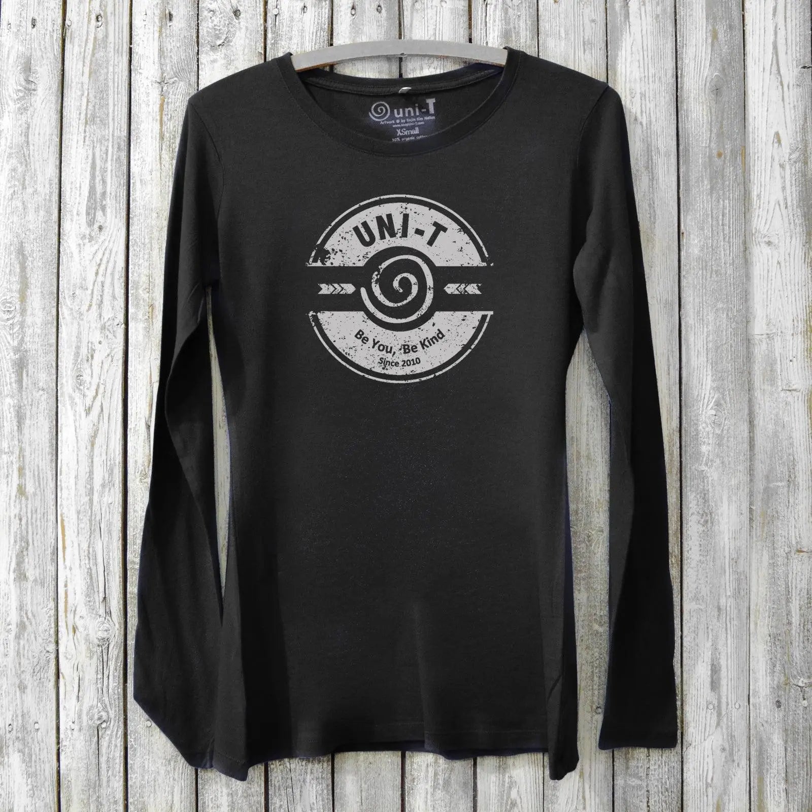 Women's Kindness Long Sleeve T-Shirt in black bamboo and organic cotton with 'Be You, Be Kind' graphic by Uni-T. Eco-friendly inspirational gift tee.