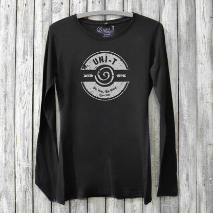 Women's Kindness Long Sleeve T-Shirt in black bamboo and organic cotton with 'Be You, Be Kind' graphic by Uni-T. Eco-friendly inspirational gift tee.